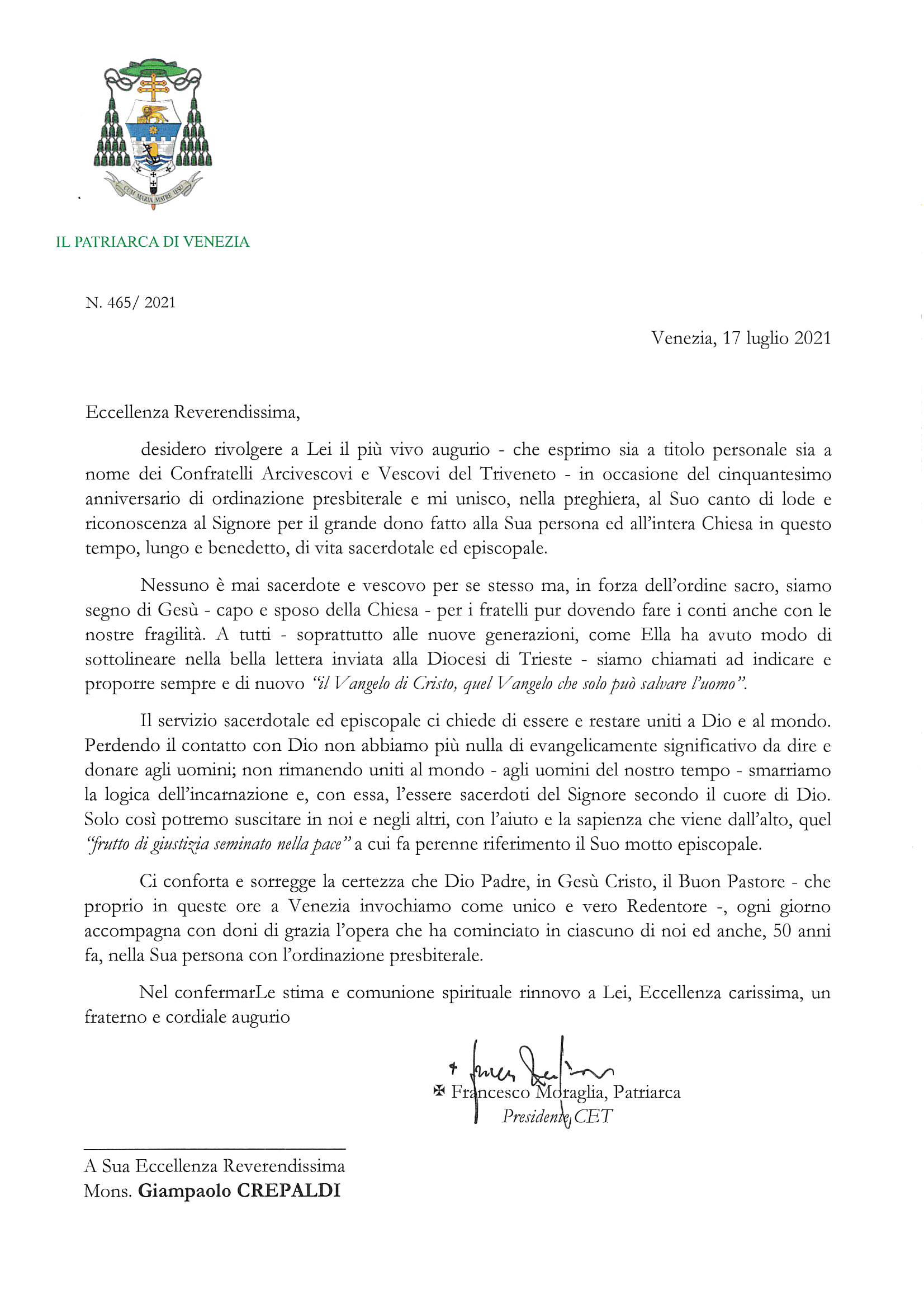 2021-465_Lettera del Patriarca a l’Arcivescovo-vescovo di Trieste SE Mons. Crepaldi_ auguri 50 sacerdozio