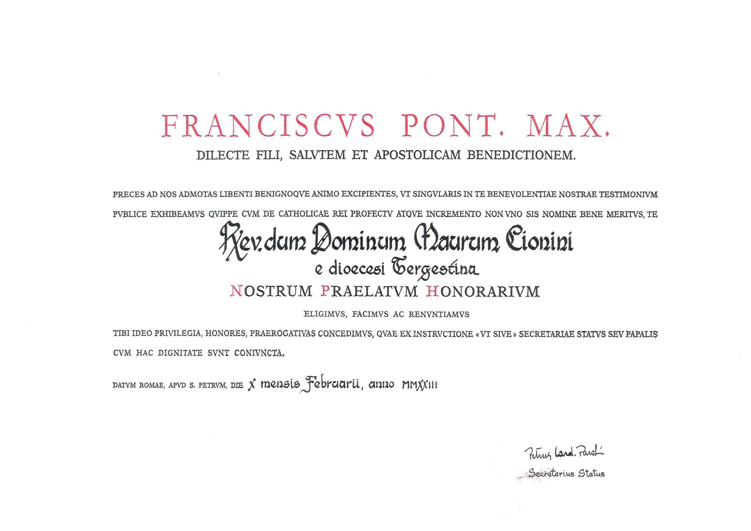 Monsignor Cionini è stato nominato Prelato d’Onore di Sua Santità