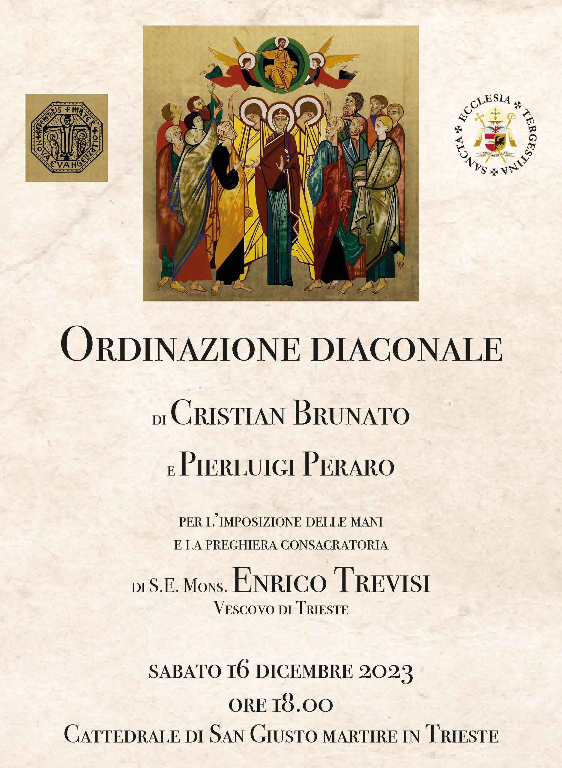 Sabato 16 dicembre Cristian Brunato e Pierluigi Peraro saranno ordinati Diaconi