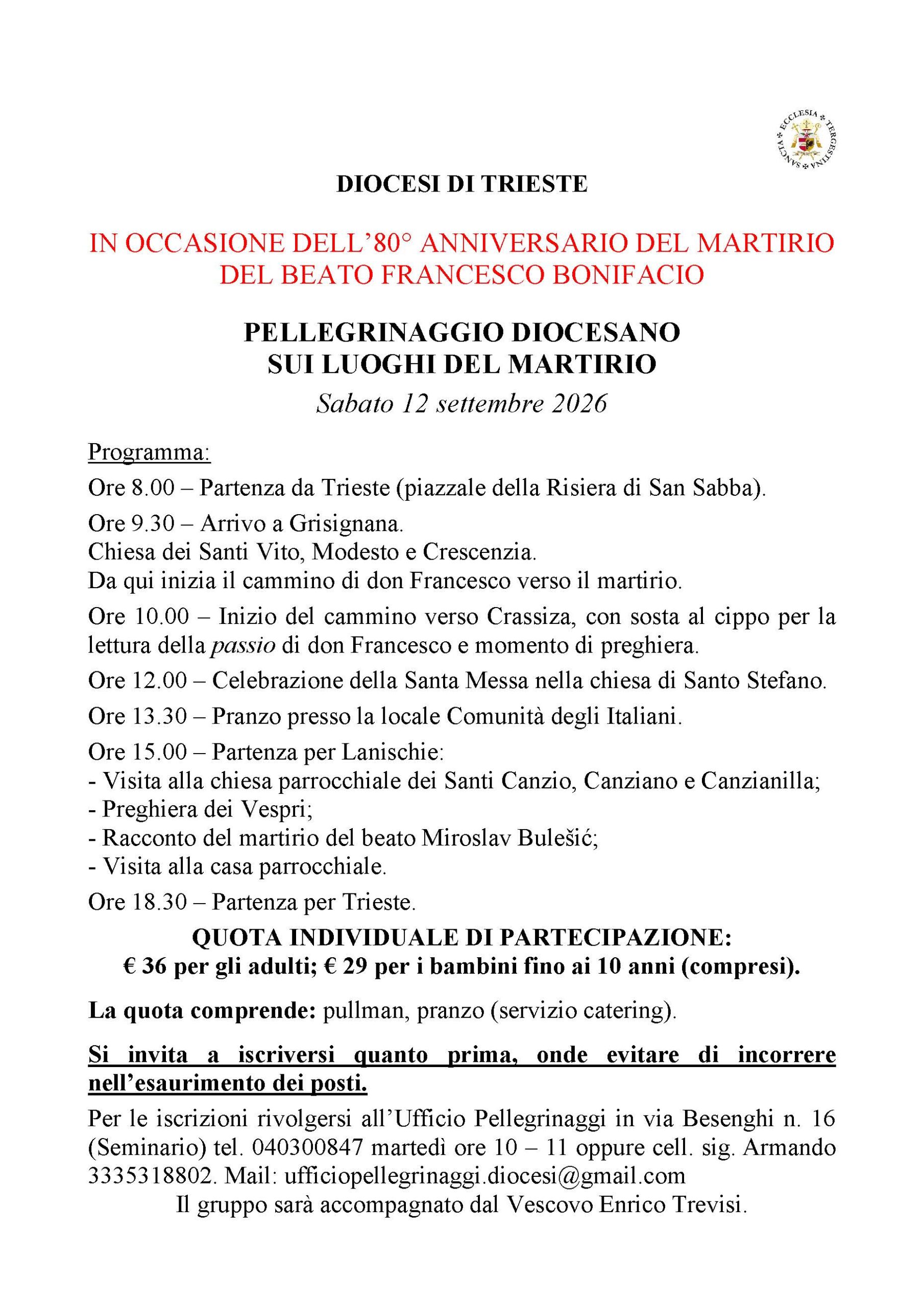 Pellegrinaggio diocesano sui luoghi del beato don Francesco Bonifacio in occasione dell’80° anniversario del suo martirio | 12 settembre 2026