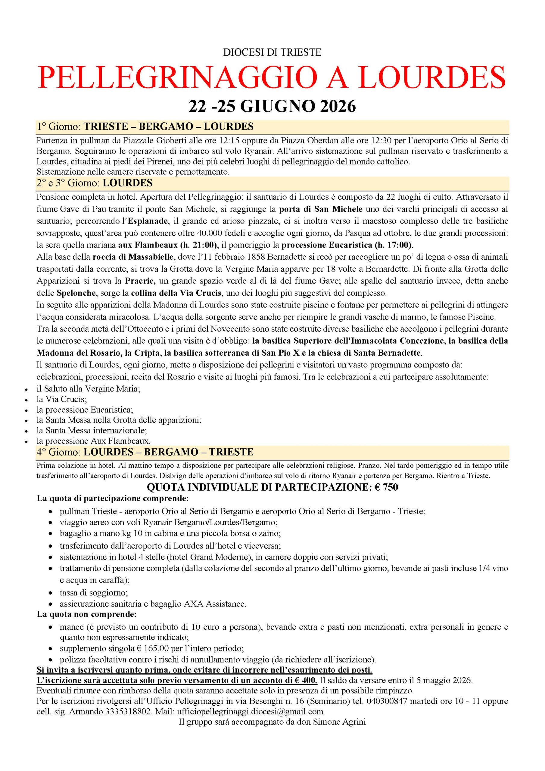 Pellegrinaggio a Lourdes |  Dal 22 al 25 giugno 2026